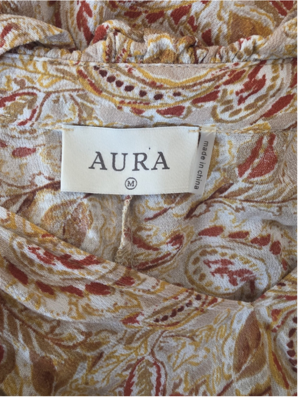 Aura Paisley Boho Maxi Dress Size M Ruffle Neck Tassel Tie Long Sleeve Boho - Picture 9 of 10